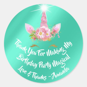 Unicorn Birthday Favour Pink Spark Gold Floral Min Classic Round Sticker