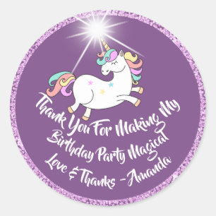 Unicorn Birthday Favour Purple Thanks Stars Spark Classic Round Sticker