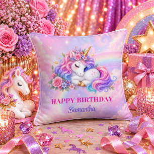 Unicorn Birthday Girl Colourful Pastel Throw Pillo Cushion
