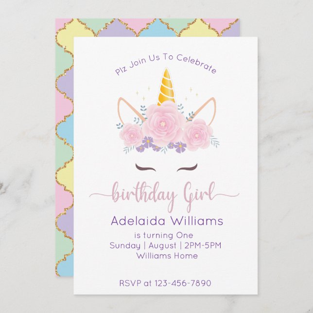 Unicorn Birthday Girl Invitation (Front/Back)