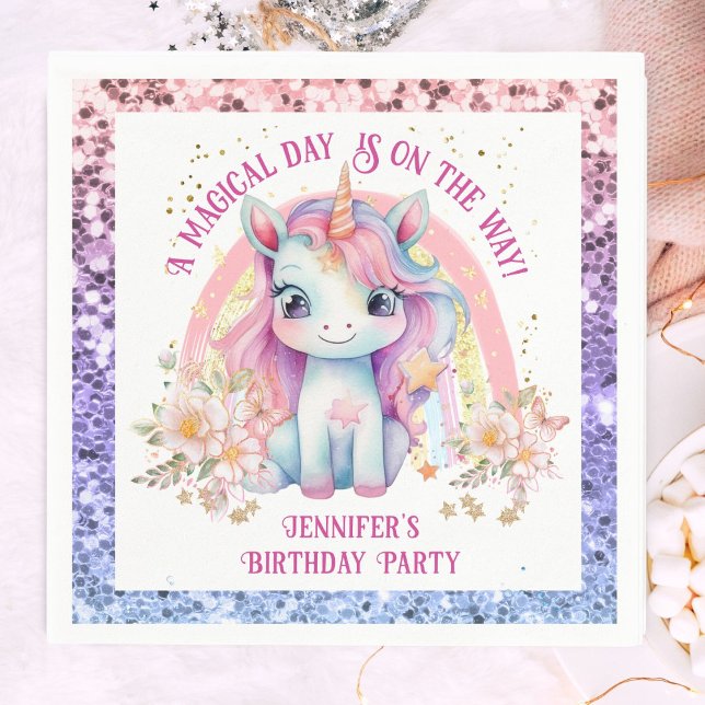 Unicorn Birthday Girl Pink Rainbow Glitter Napkin (Creator Uploaded)
