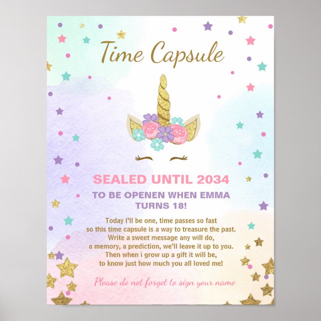 Unicorn Birthday guestbook Time Capsule Pink Girl (Front)