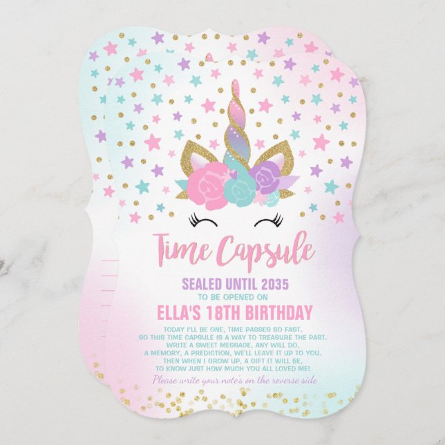 Unicorn Birthday Guestbook Time Capsule With Notes Invitation (Front/Back)