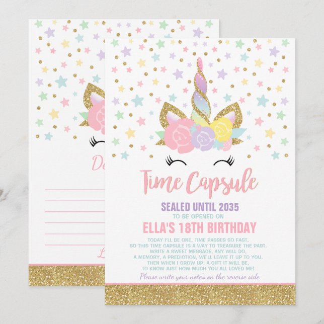 Unicorn Birthday Guestbook Time Capsule With Notes Invitation (Front/Back)