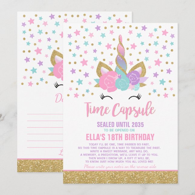 Unicorn Birthday Guestbook Time Capsule With Notes Invitation (Front/Back)