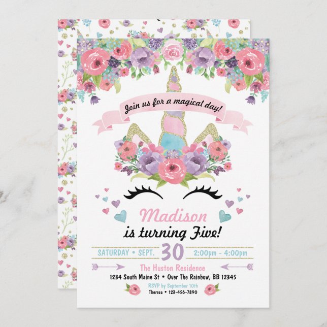 Unicorn Birthday Invitation (Front/Back)