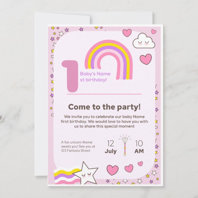 unicorn Birthday Invitation  (Front)