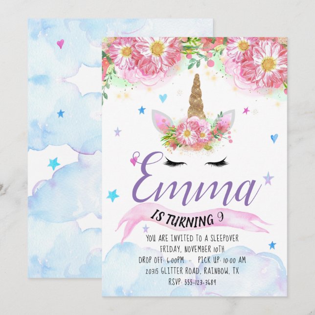 Unicorn Birthday Invitation (Front/Back)