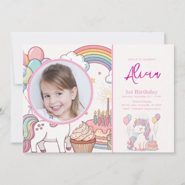 Unicorn Birthday Invitation 1st Birthday Party (Front)