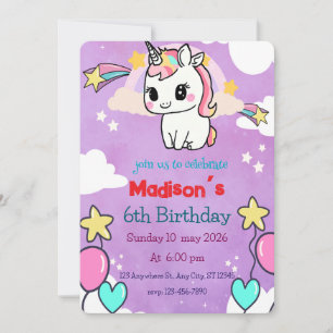 Unicorn Birthday Invitation Editable Template