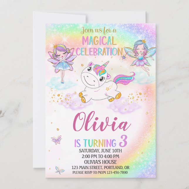 Unicorn birthday invitation Fairy invitation girl (Front)