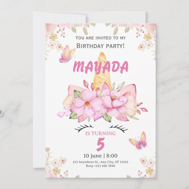 Unicorn Birthday Invitation for Girls  (Front)