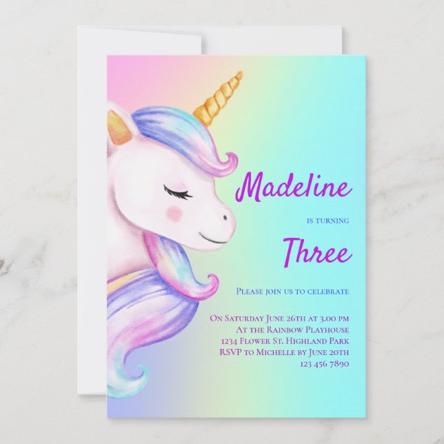 Unicorn Birthday Invitation Girls Pastel Rainbow (Front)