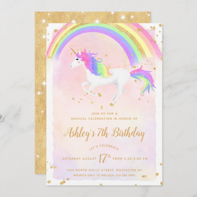 Unicorn Birthday Invitation | Magical Gold Rainbow (Front/Back)