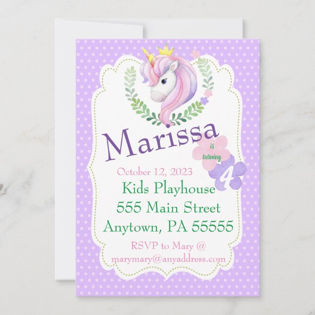 Unicorn Birthday Invitation, Magical party invite (Front)