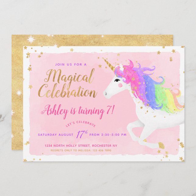 Unicorn Birthday Invitation | Magical Pink & Gold (Front/Back)