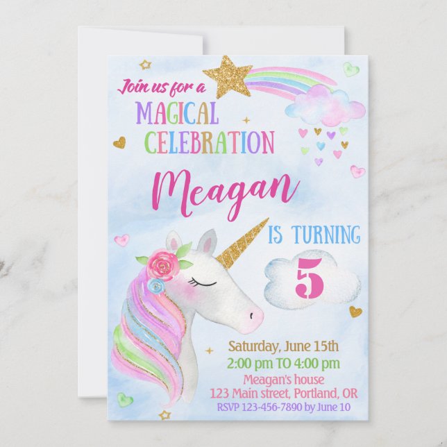 Unicorn birthday invitation Magical unicorn party (Front)