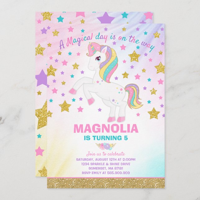Unicorn Birthday Invitation Magical Unicorn Party (Front/Back)