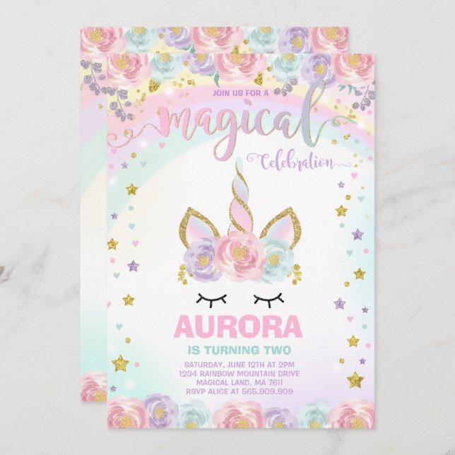 Unicorn Birthday Invitation Magical Unicorn Party (Front/Back)