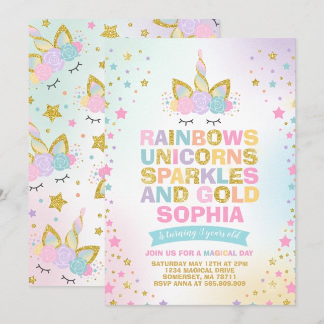 Unicorn Birthday Invitation Magical Unicorn Party (Front/Back)