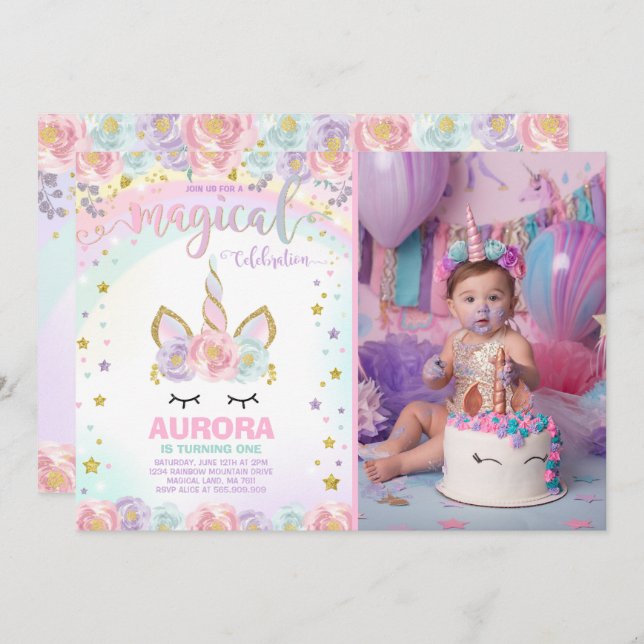 Unicorn Birthday Invitation Magical Unicorn Party (Front/Back)