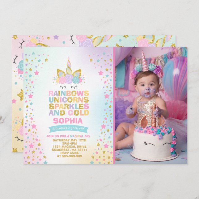 Unicorn Birthday Invitation Magical Unicorn Party (Front/Back)