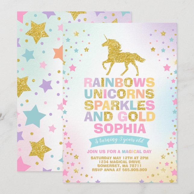 Unicorn Birthday Invitation Magical Unicorn Party (Front/Back)