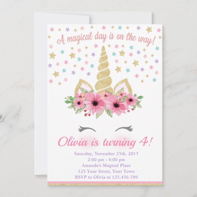 Unicorn Birthday Invitation, Pink and Gold Invitation (Front)