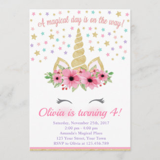 Unicorn Birthday Invitation, Pink and Gold Invitation