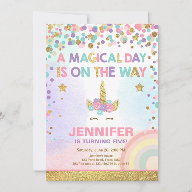 Unicorn Birthday Invitation Pink Gold Magical (Front)