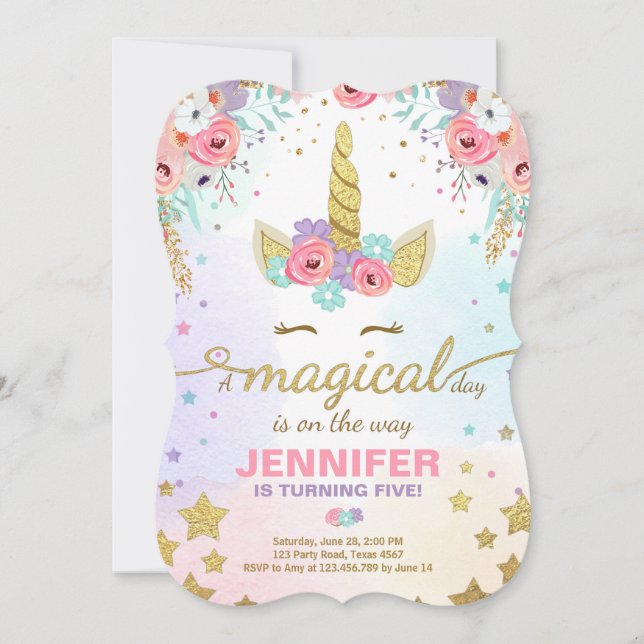 Unicorn Birthday Invitation Pink Gold Magical (Front)