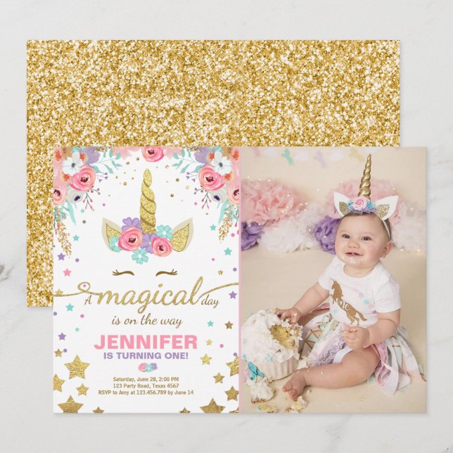 Unicorn Birthday Invitation Pink Gold Magical (Front/Back)