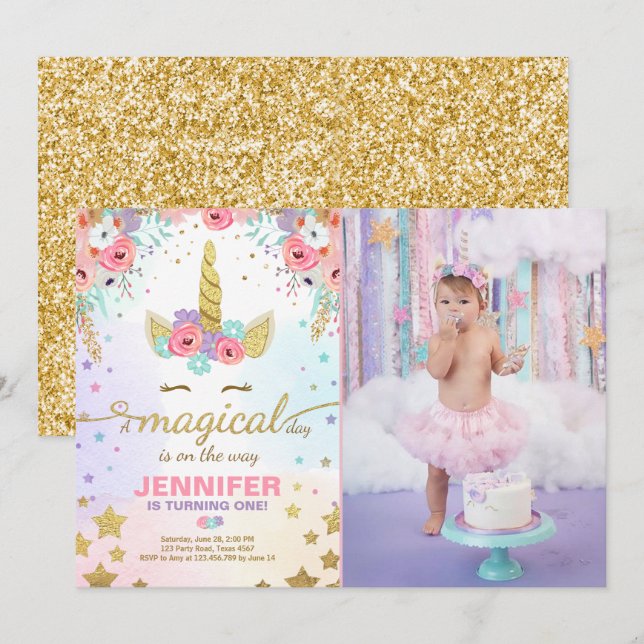 Unicorn Birthday Invitation Pink Gold Magical (Front/Back)