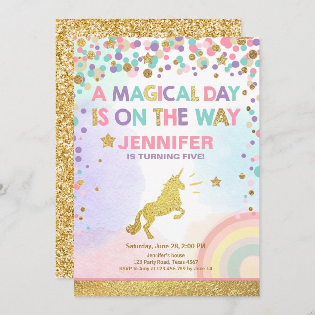 Unicorn Birthday Invitation Pink Gold Magical (Front/Back)