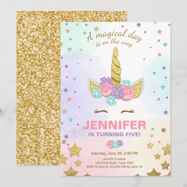 Unicorn Birthday Invitation Pink Gold Magical (Front/Back)