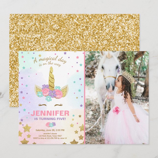 Unicorn Birthday Invitation Pink Gold Magical (Front/Back)