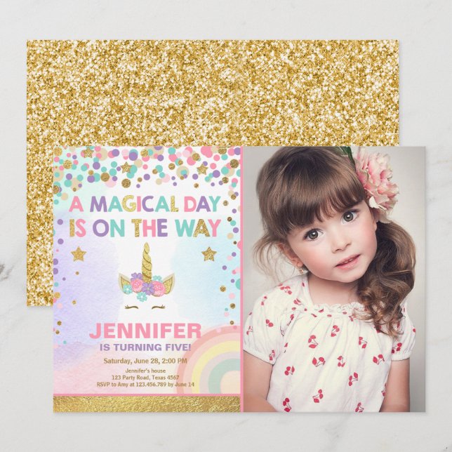 Unicorn Birthday Invitation Pink Gold Magical (Front/Back)