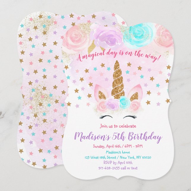Unicorn Birthday Invitation Pink Gold Magical (Front/Back)