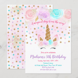 Unicorn Birthday Invitation Pink Gold Magical