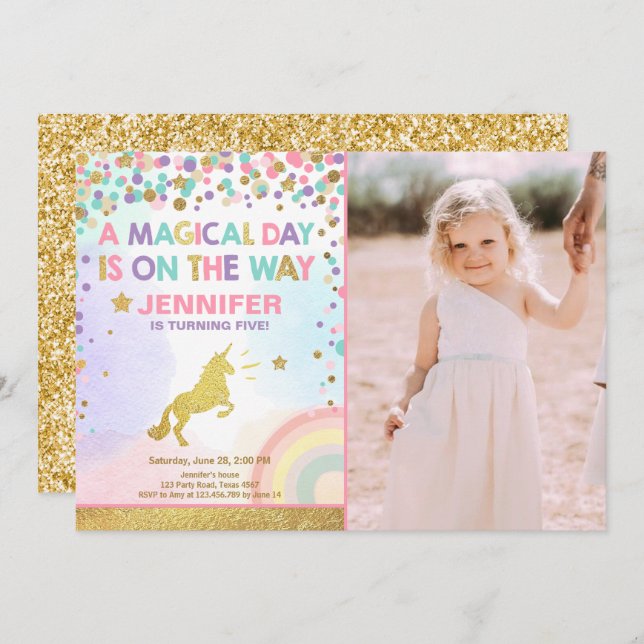 Unicorn Birthday Invitation Pink Gold Magical (Front/Back)