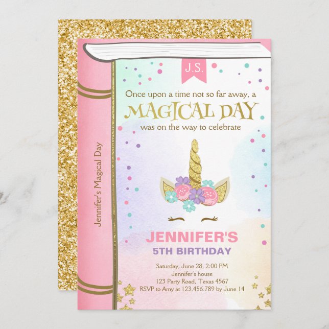 Unicorn Birthday Invitation Pink Gold Magical Book (Front/Back)
