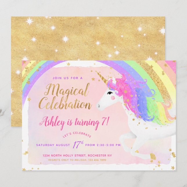Unicorn Birthday Invitation | Pink Gold Rainbow (Front/Back)