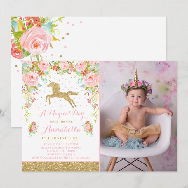 Unicorn Birthday Invitation Pink Gold Unicorn (Front/Back)