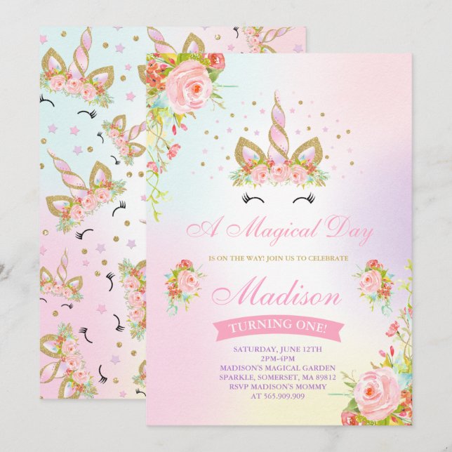 Unicorn Birthday Invitation Pink Gold Unicorn (Front/Back)