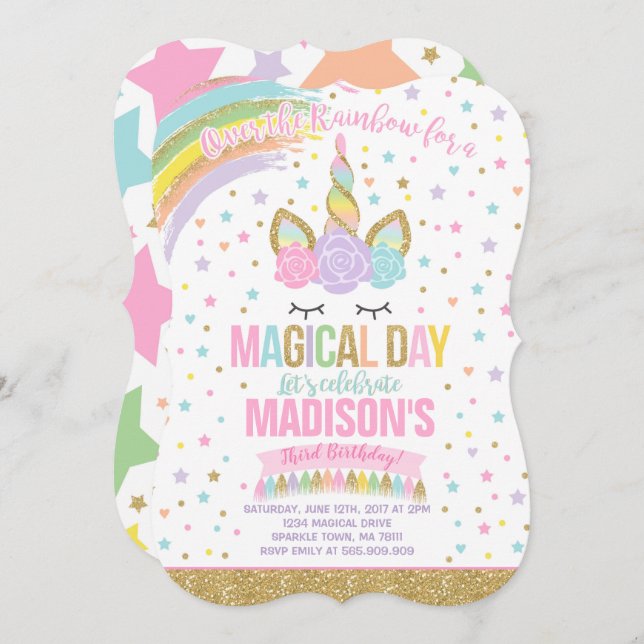 Unicorn Birthday Invitation Pink Gold Unicorn (Front/Back)