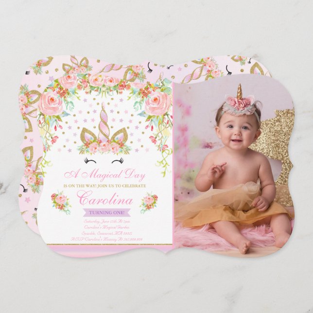 Unicorn Birthday Invitation Pink Gold Unicorn (Front/Back)