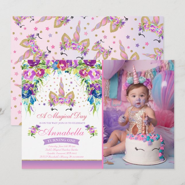 Unicorn Birthday Invitation Pink Gold Unicorn (Front/Back)