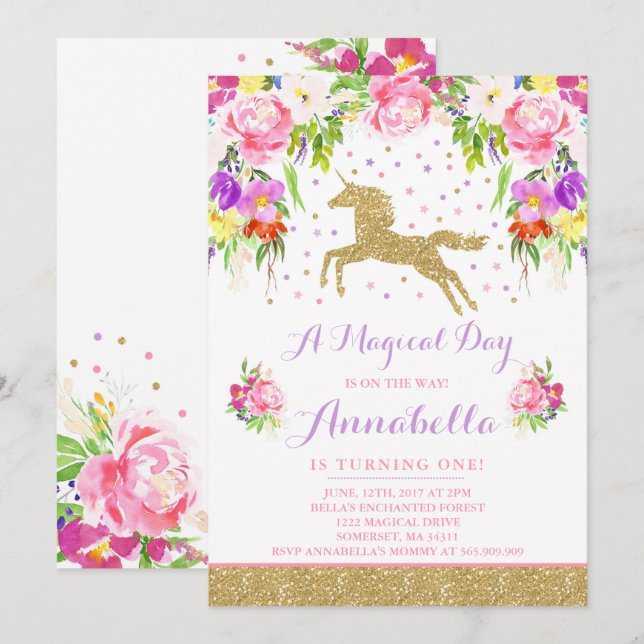 Unicorn Birthday Invitation Pink Gold Unicorn (Front/Back)