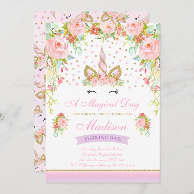 Unicorn Birthday Invitation Pink Gold Unicorn (Front/Back)