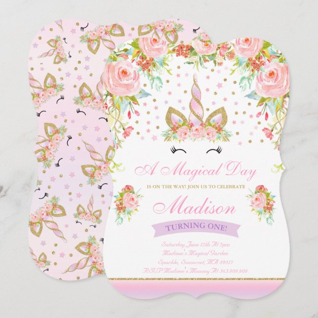Unicorn Birthday Invitation Pink Gold Unicorn (Front/Back)